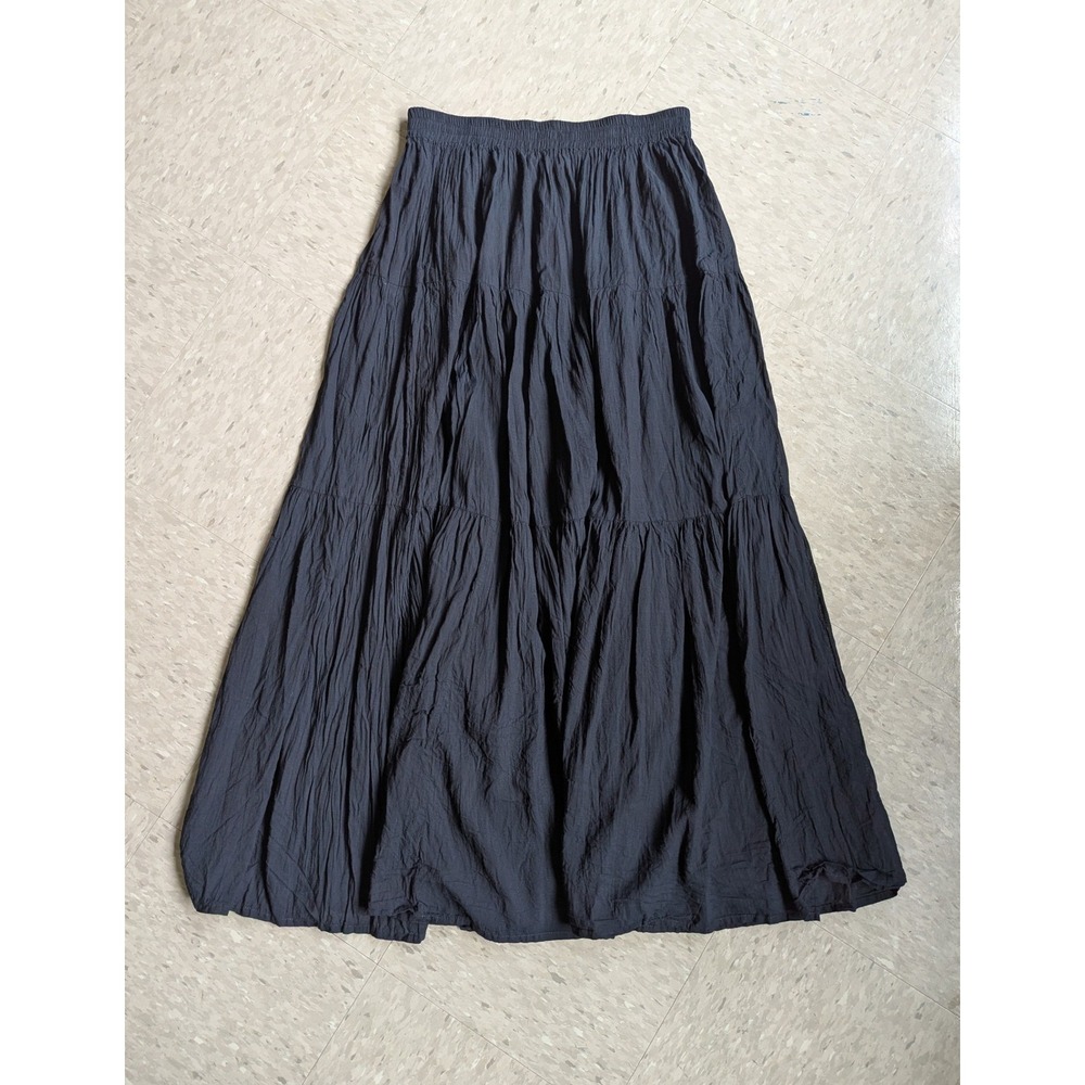Boho Tiered Maxi Skirt Black Crinkle Rayon Cotton Lagenlook Hippie Bohemian